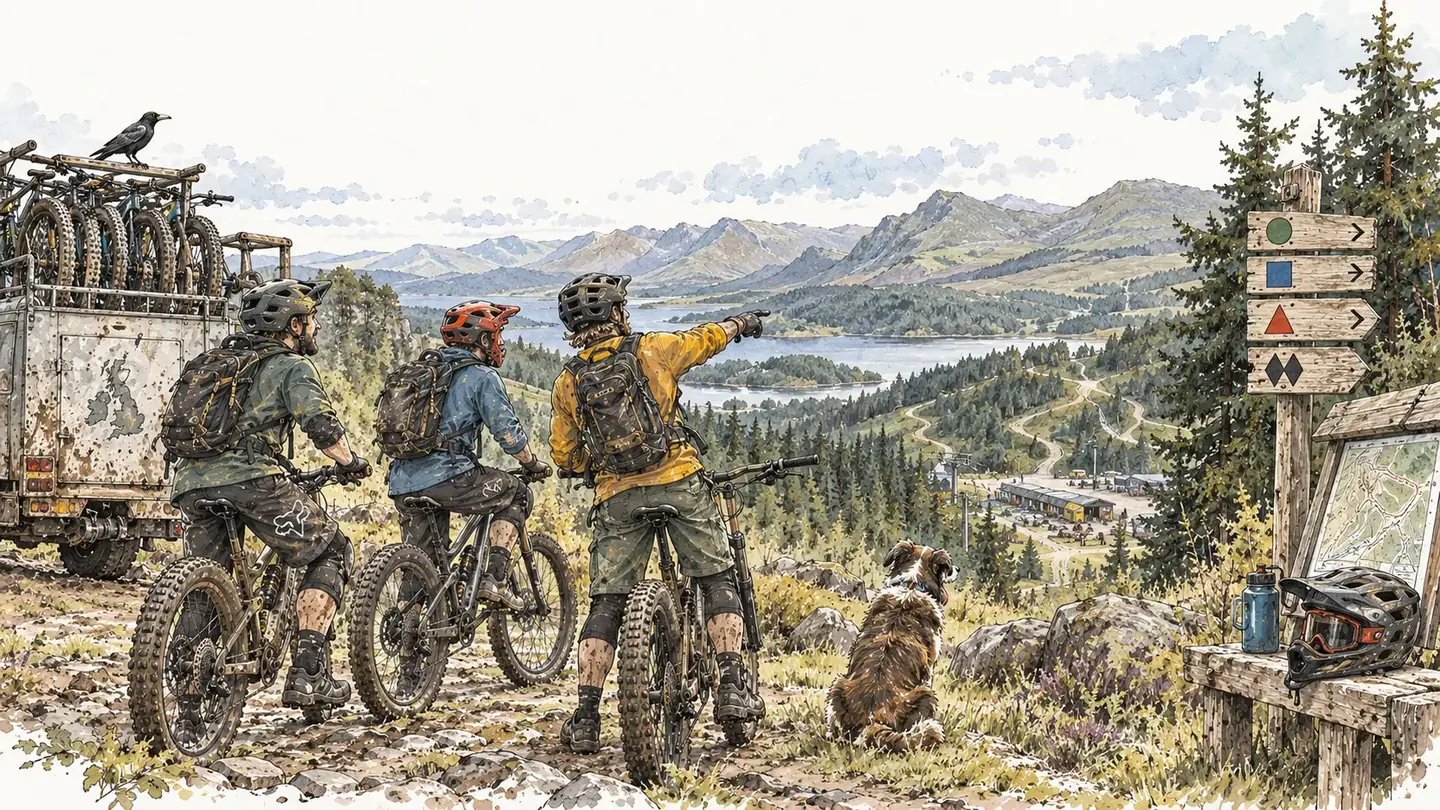Three mountain bikers overlooking a UK highland bike park, uplift vehicle, trail network and colour-graded waymarkers