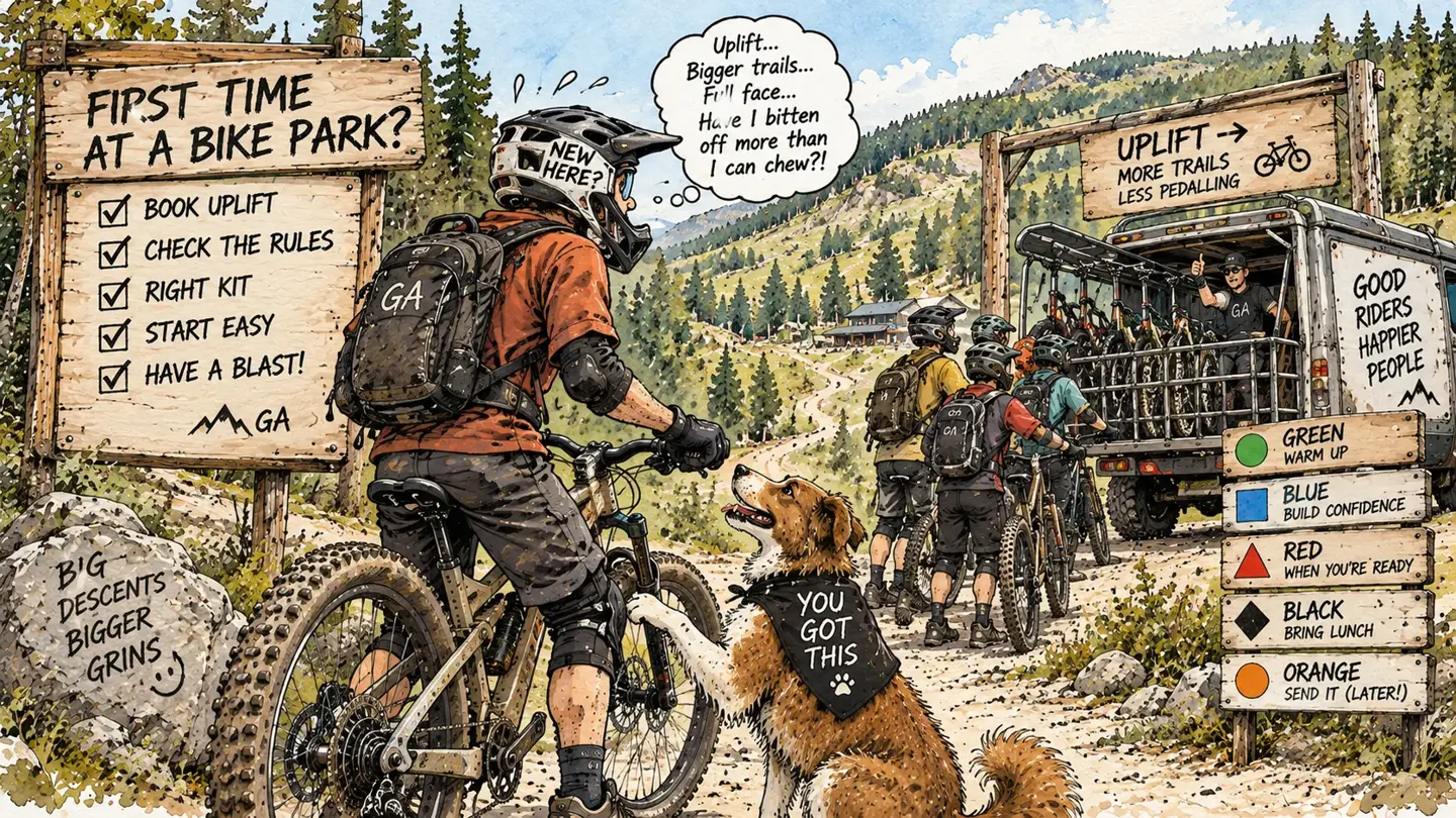 First-time rider in a full-face helmet at a bike park with a dog, uplift truck, checklist sign and green, blue, red, black and orange trail grade markers