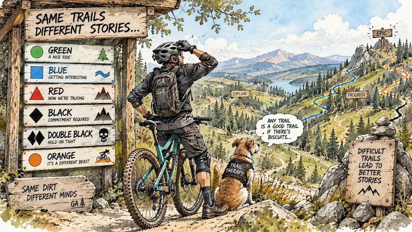 Illustrated trail signpost showing UK MTB trail grades from green through blue, red, black and double black to orange bike-park grading, a rider and dog looking out over a trail network with graded waymarking routes