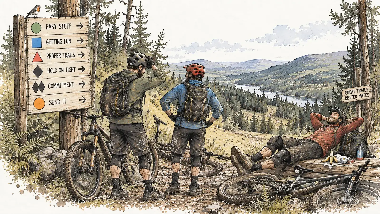 Illustrated mountain bikers pausing at a 7stanes trailhead sign listing trail grades from easy green through to orange send-it runs, bikes leaning nearby with a loch and forest trails beyond